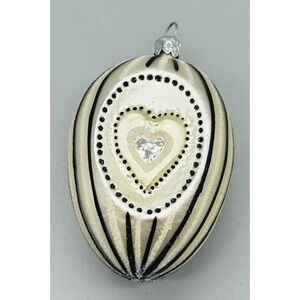Unbranded Ornament Cream Black Heart Stripes Glitter Glass